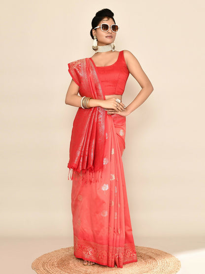 Joban Fashion Peach & Red Plain With Weaving Border Banarasi Silk Sarees