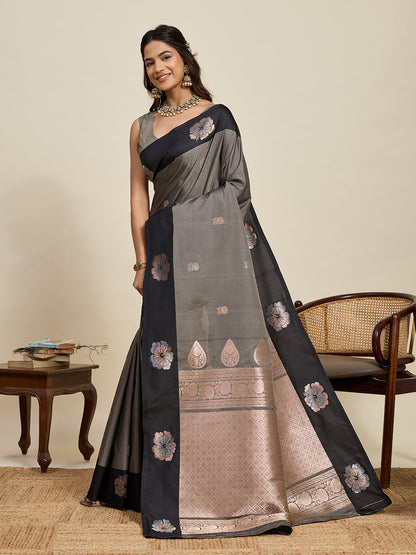 Vedant Vastram Soft Litchi Silk Banarasi Silk Jacquard Saree - Black