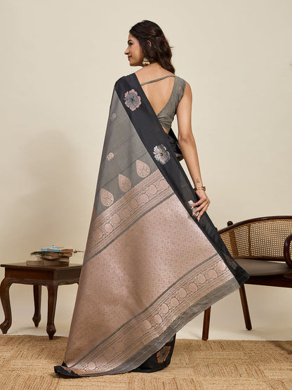 Vedant Vastram Soft Litchi Silk Banarasi Silk Jacquard Saree - Black