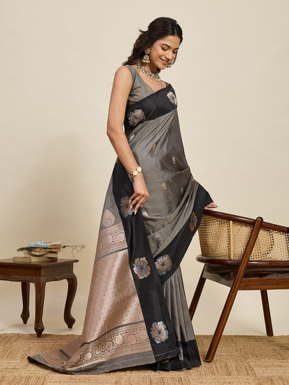 Vedant Vastram Soft Litchi Silk Banarasi Silk Jacquard Saree - Black