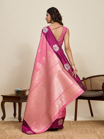 Vedant Vastram Soft Litchi Silk Banarasi Silk Jacquard Saree - Pink