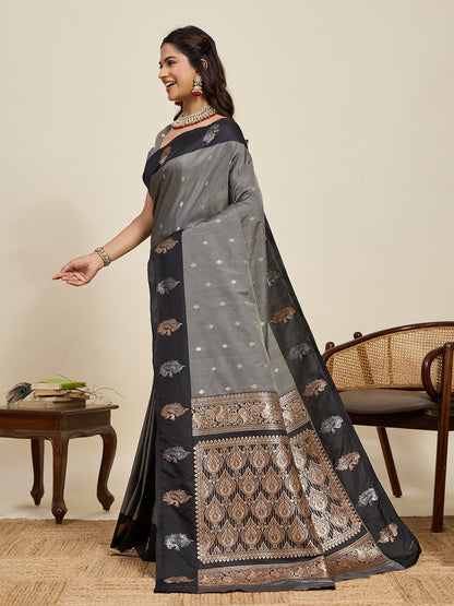 Vedant Vastram Soft Litchi Silk Banarasi Silk Jacquard Saree - Black