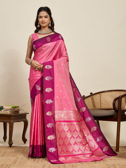 Vedant Vastram Soft Litchi Silk Banarasi Silk Jacquard Saree - Pink