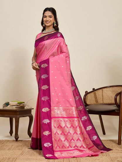 Vedant Vastram Soft Litchi Silk Banarasi Silk Jacquard Saree - Pink
