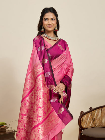 Vedant Vastram Soft Litchi Silk Banarasi Silk Jacquard Saree - Pink