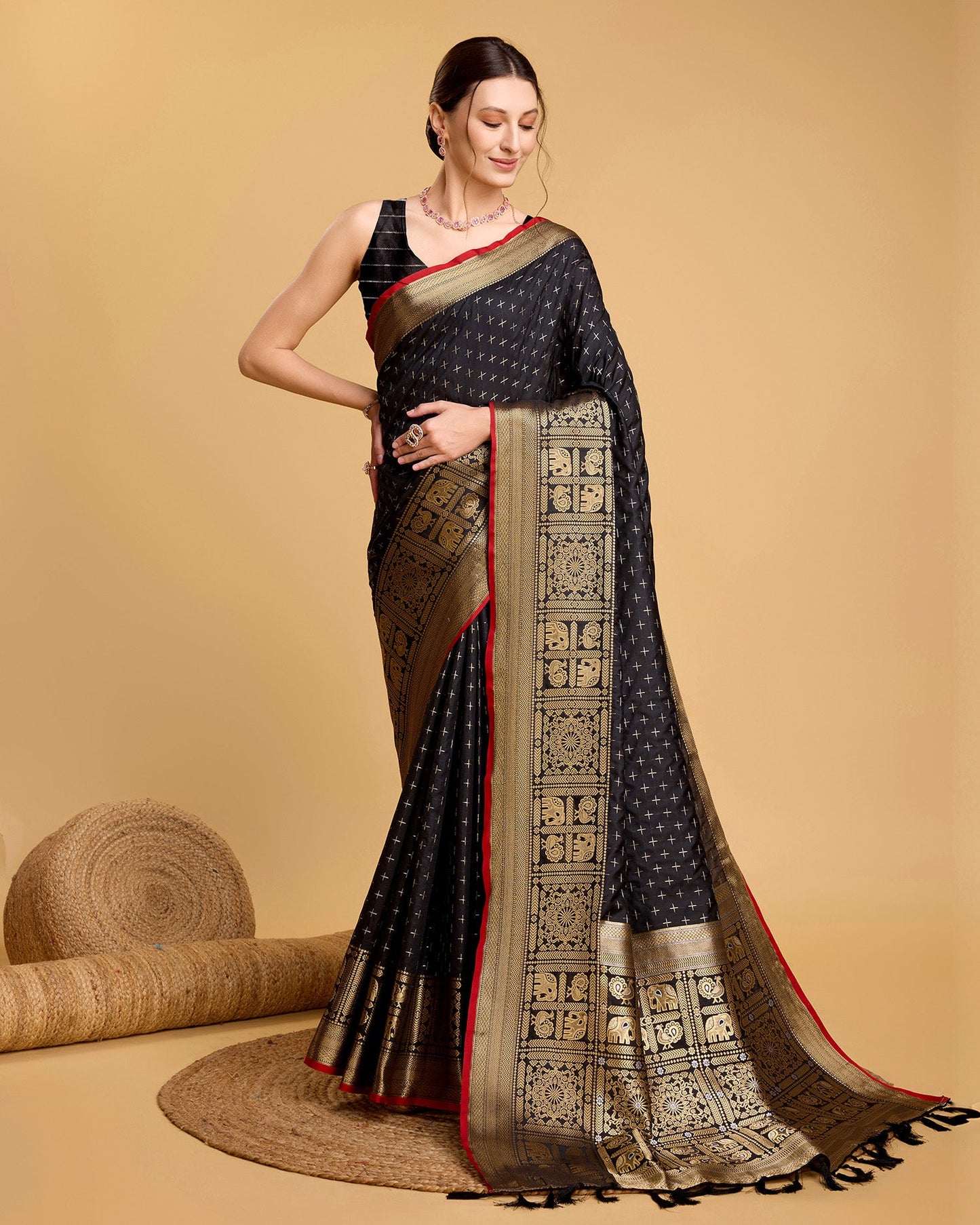 Vedant Vastram Soft Litchi Silk Banarasi Silk Saree - Black