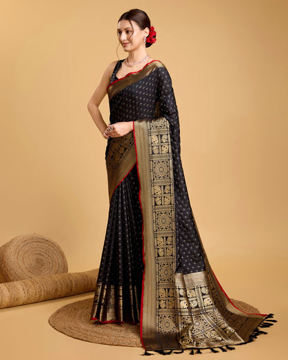 Vedant Vastram Soft Litchi Silk Banarasi Silk Saree - Black