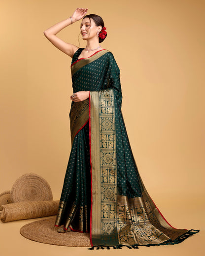 Vedant Vastram Soft Litchi Silk Banarasi Silk Saree - Green