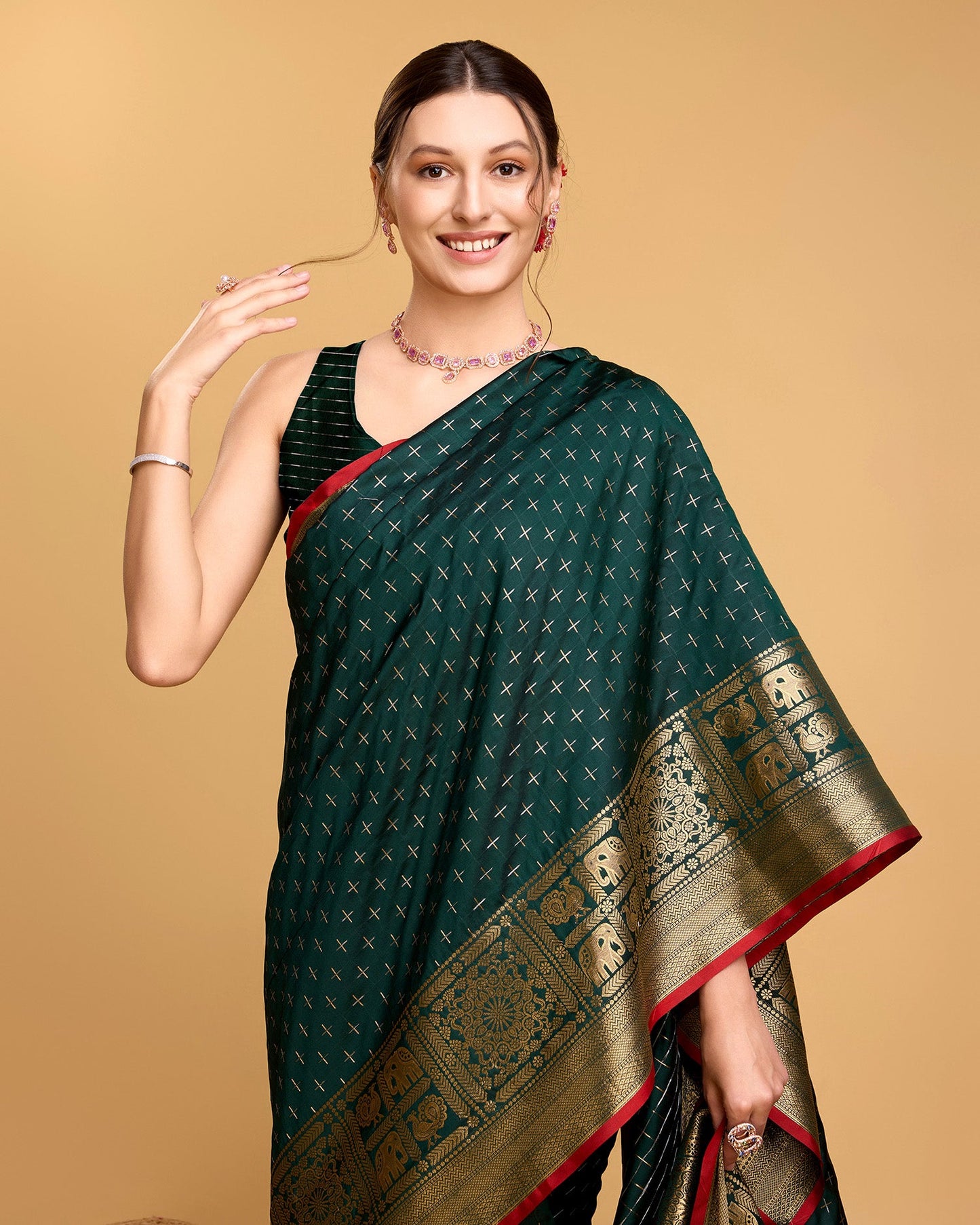 Vedant Vastram Soft Litchi Silk Banarasi Silk Saree - Green
