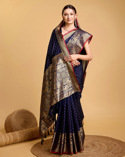 Vedant Vastram Soft Litchi Silk Banarasi Silk Saree - Navy