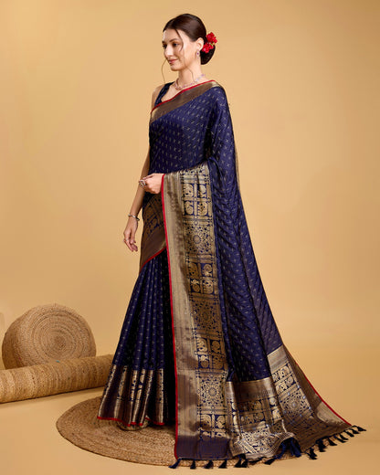 Vedant Vastram Soft Litchi Silk Banarasi Silk Saree - Navy