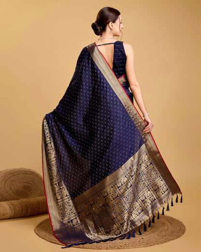 Vedant Vastram Soft Litchi Silk Banarasi Silk Saree - Navy