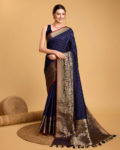 Vedant Vastram Soft Litchi Silk Banarasi Silk Saree - Navy