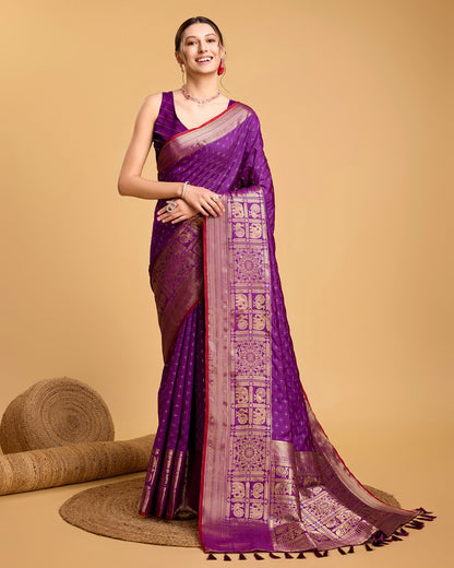 Vedant Vastram Soft Litchi Silk Banarasi Silk Saree - Purple