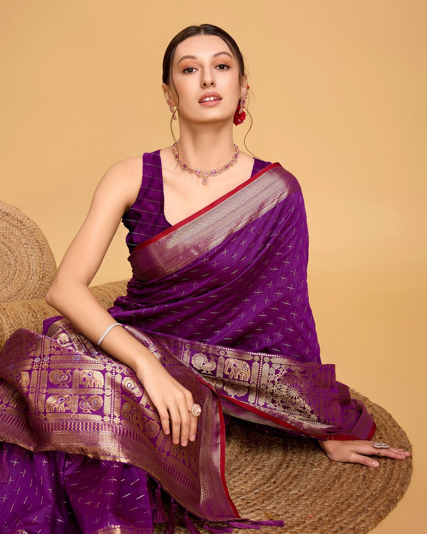Vedant Vastram Soft Litchi Silk Banarasi Silk Saree - Purple