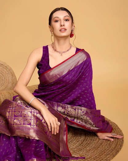 Vedant Vastram Soft Litchi Silk Banarasi Silk Saree - Purple