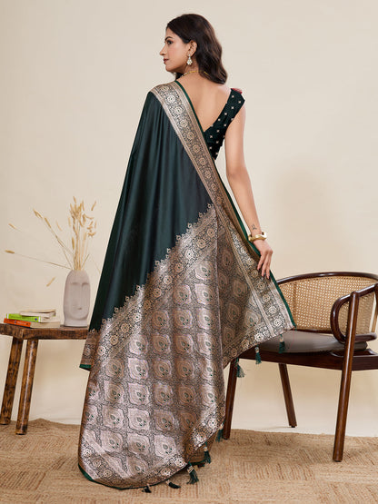 Vedant Vastram Soft Litchi Silk Banarasi Silk Jacquard Saree - Green