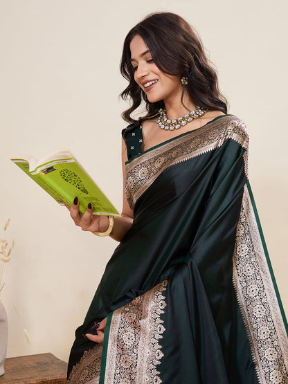 Vedant Vastram Soft Litchi Silk Banarasi Silk Jacquard Saree - Green