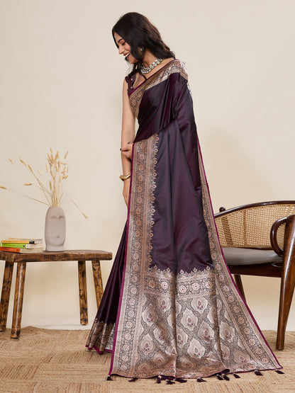 Vedant Vastram Soft Litchi Silk Banarasi Silk Jacquard Saree - Wine