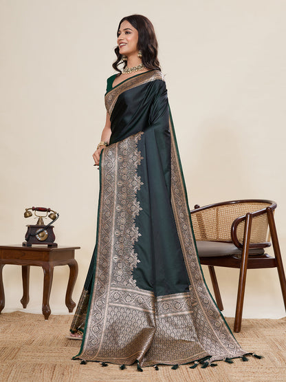 Vedant Vastram Soft Litchi Silk Banarasi Silk Jacquard Saree - Green