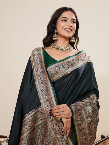 Vedant Vastram Soft Litchi Silk Banarasi Silk Jacquard Saree - Green