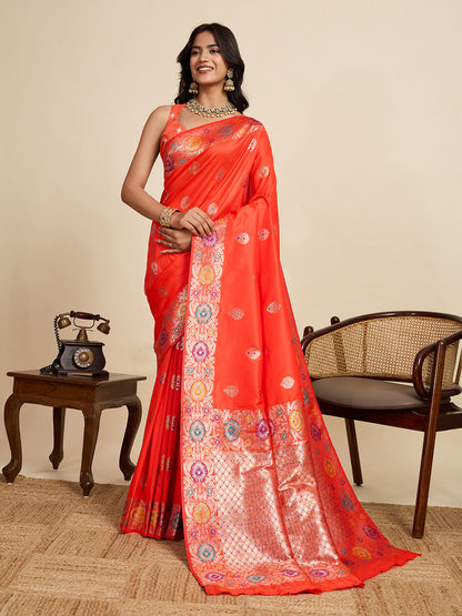 Vedant Vastram Soft Litchi Silk Banarasi Silk Jacquard Saree - Coral