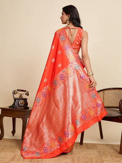 Vedant Vastram Soft Litchi Silk Banarasi Silk Jacquard Saree - Coral