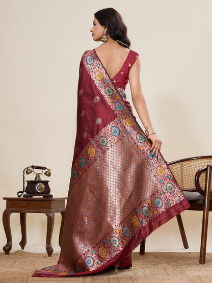 Vedant Vastram Soft Litchi Silk Banarasi Silk Jacquard Saree - Maroon