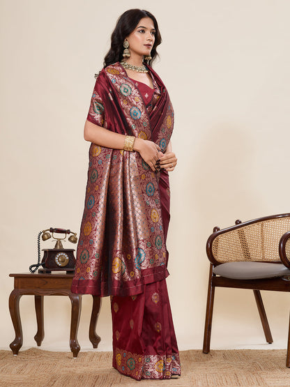 Vedant Vastram Soft Litchi Silk Banarasi Silk Jacquard Saree - Maroon