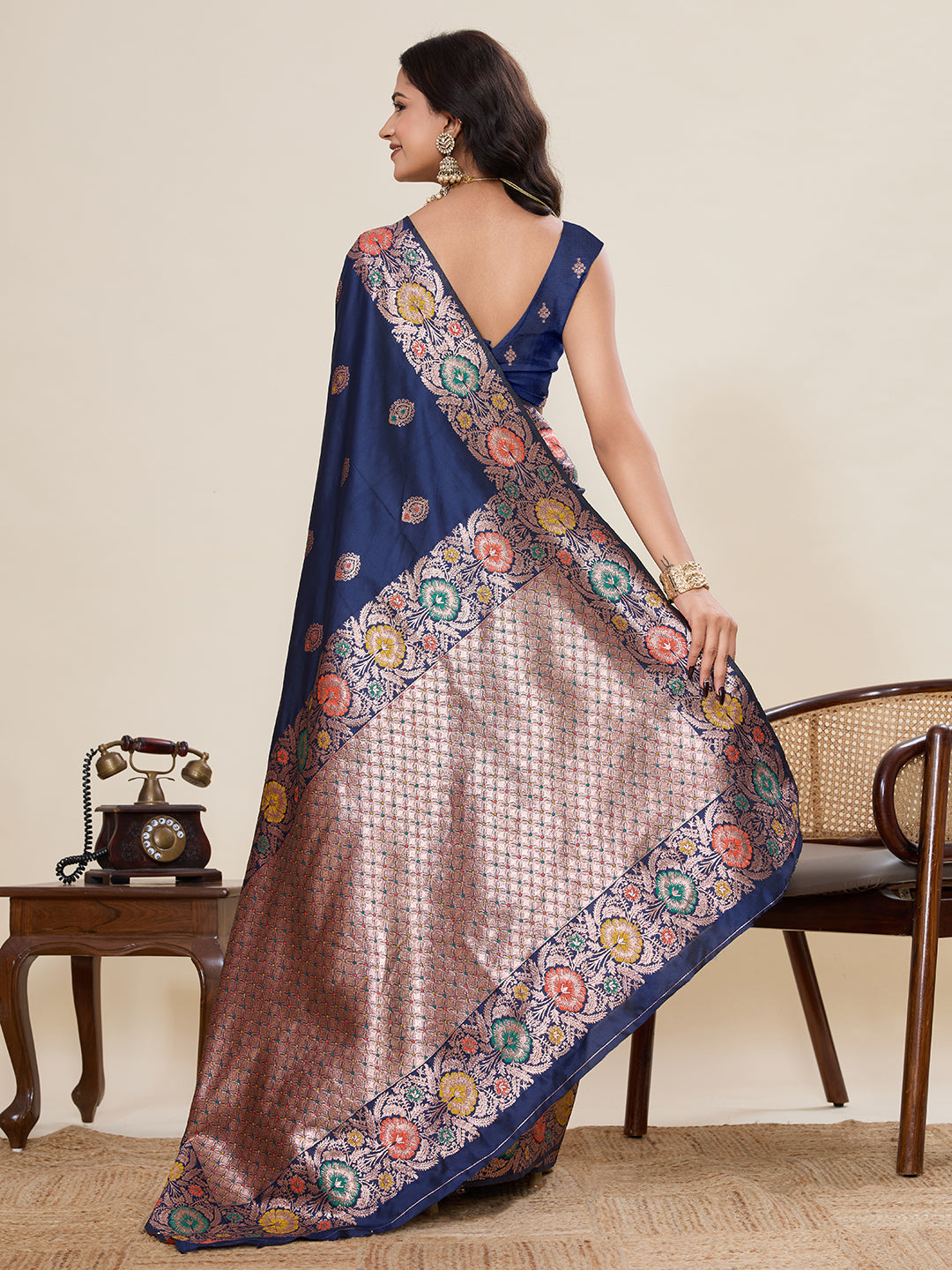 Vedant Vastram Soft Litchi Silk Banarasi Silk Jacquard Saree - Navy Blue