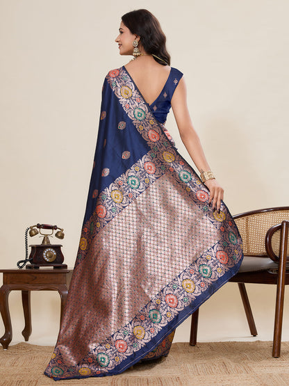 Vedant Vastram Soft Litchi Silk Banarasi Silk Jacquard Saree - Navy Blue