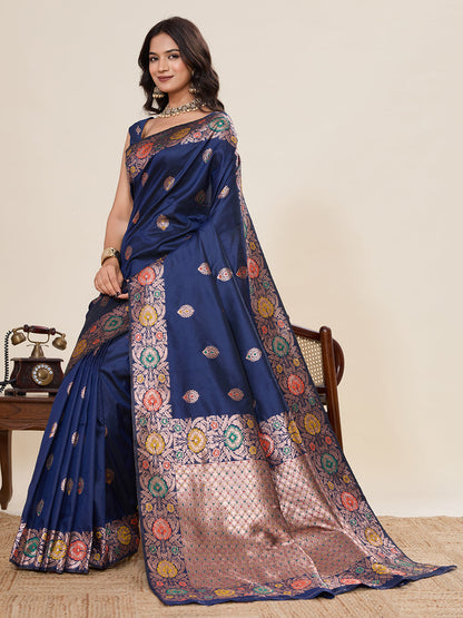Vedant Vastram Soft Litchi Silk Banarasi Silk Jacquard Saree - Navy Blue