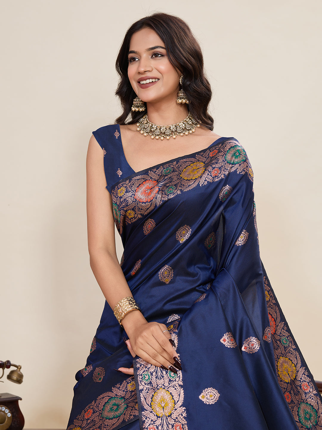 Vedant Vastram Soft Litchi Silk Banarasi Silk Jacquard Saree - Navy Blue