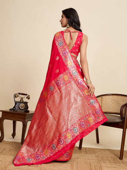 Vedant Vastram Soft Litchi Silk Banarasi Silk Jacquard Saree - Pink