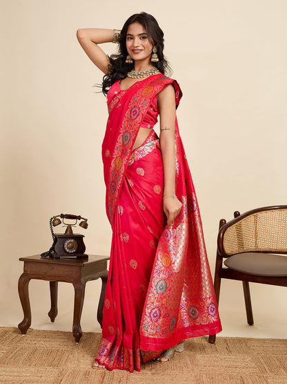 Vedant Vastram Soft Litchi Silk Banarasi Silk Jacquard Saree - Pink