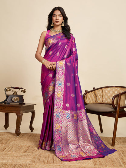 Vedant Vastram Soft Litchi Silk Banarasi Silk Jacquard Saree - Purple