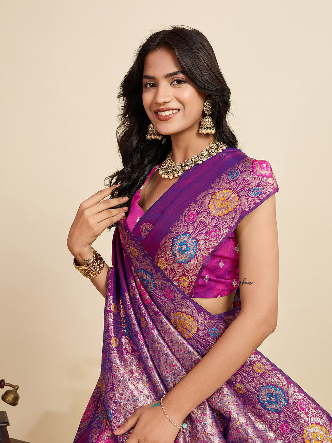 Vedant Vastram Soft Litchi Silk Banarasi Silk Jacquard Saree - Purple
