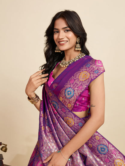 Vedant Vastram Soft Litchi Silk Banarasi Silk Jacquard Saree - Purple