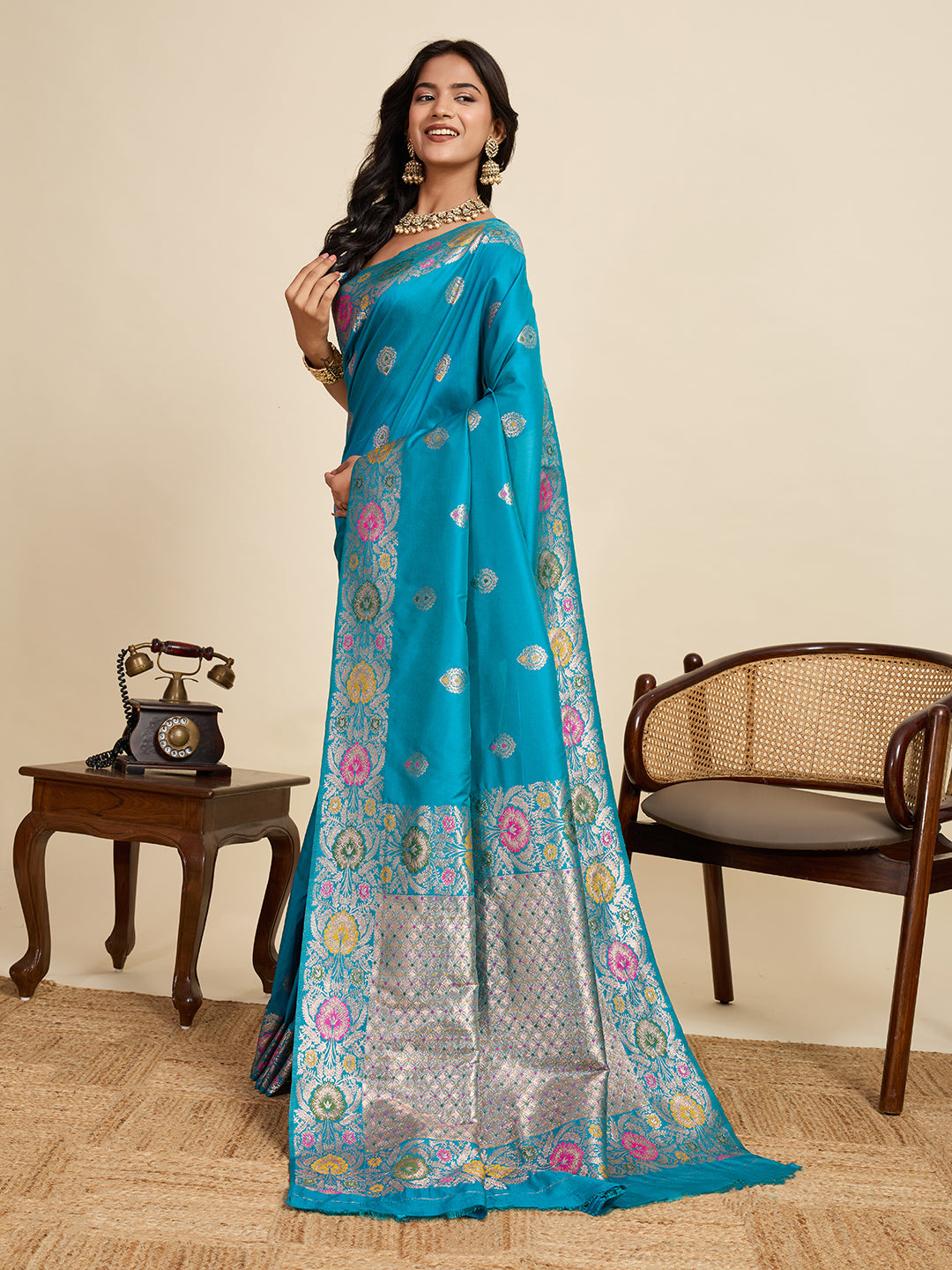 Vedant Vastram Soft Litchi Silk Banarasi Silk Jacquard Saree - Rama