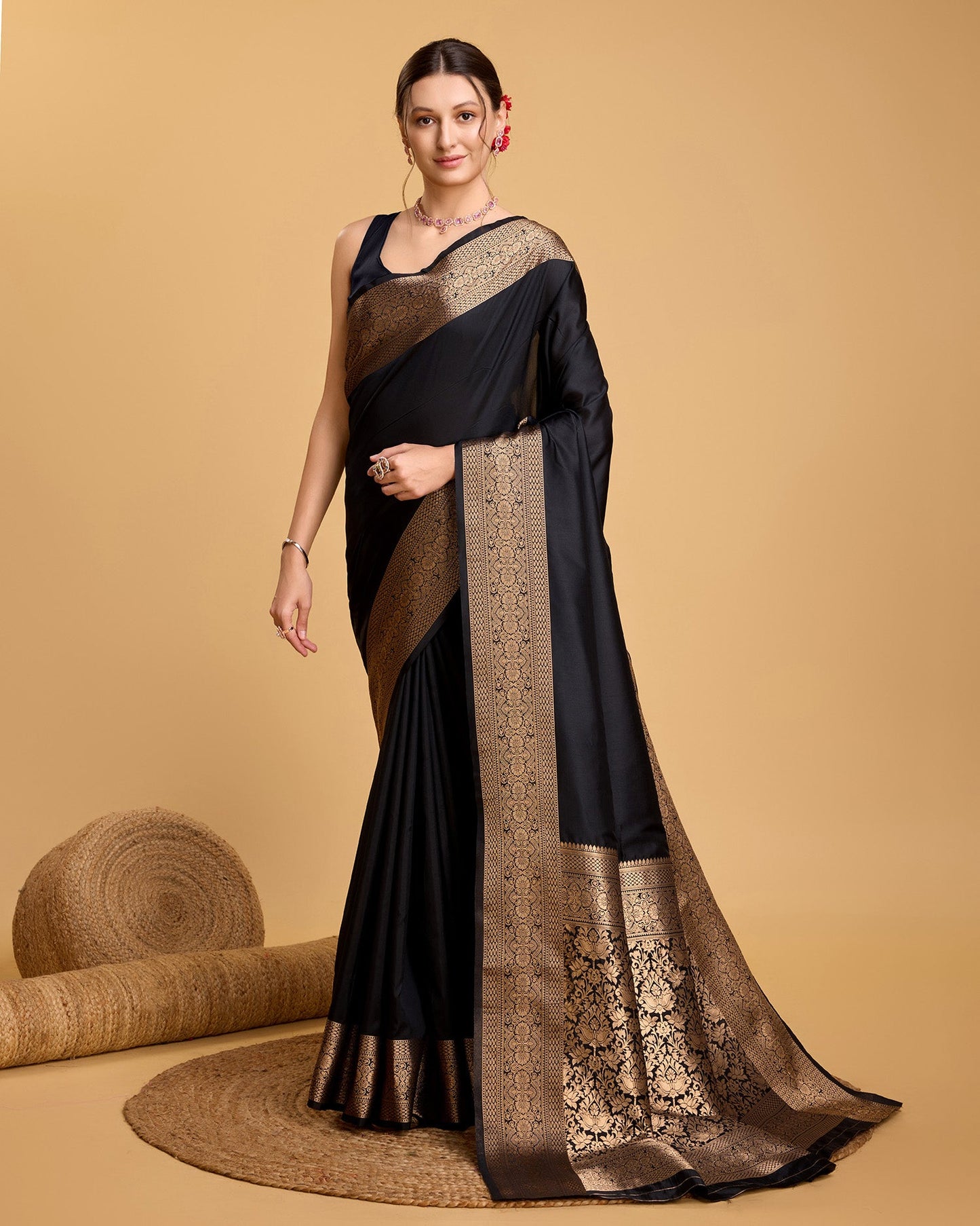 Vedant Vastram Soft Litchi Silk Banarasi Silk Saree - Black