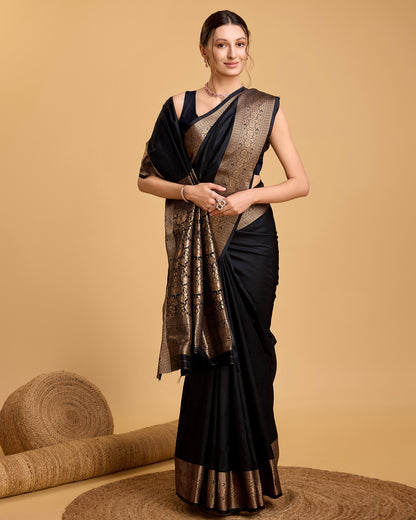 Vedant Vastram Soft Litchi Silk Banarasi Silk Saree - Black