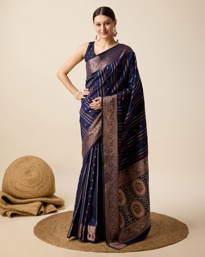 Vedant Vastram Soft Litchi Silk Banarasi Silk Saree - Navy