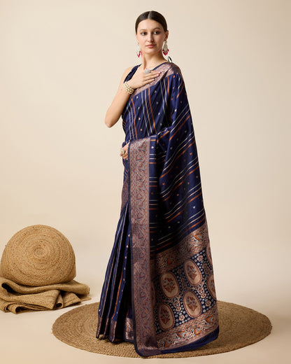 Vedant Vastram Soft Litchi Silk Banarasi Silk Saree - Navy