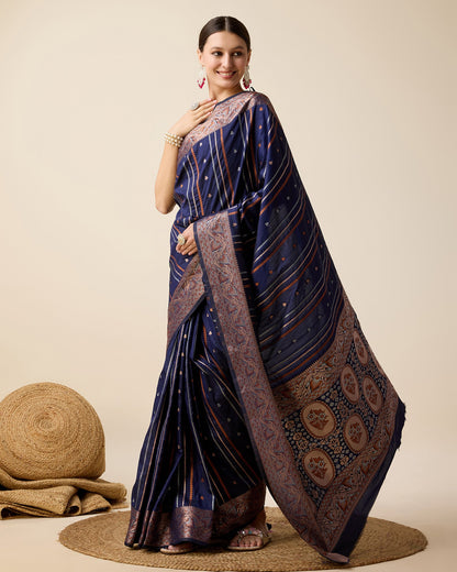Vedant Vastram Soft Litchi Silk Banarasi Silk Saree - Navy
