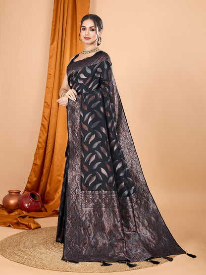 Vedant Vastram Soft Litchi Silk Banarasi Silk Jacquard Saree - Black