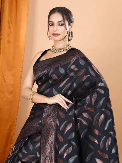 Vedant Vastram Soft Litchi Silk Banarasi Silk Jacquard Saree - Black