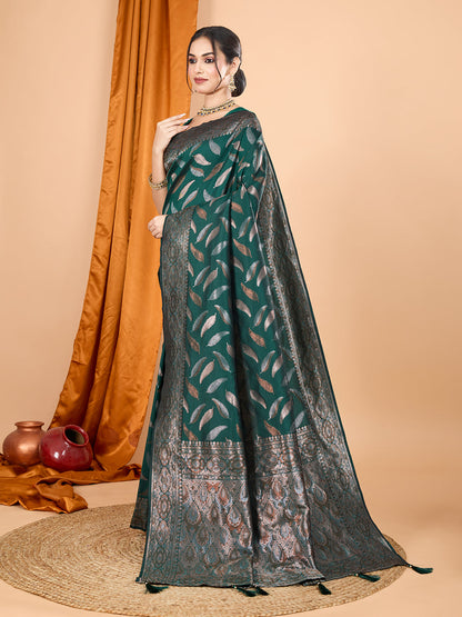 Vedant Vastram Soft Litchi Silk Banarasi Silk Jacquard Saree - Green