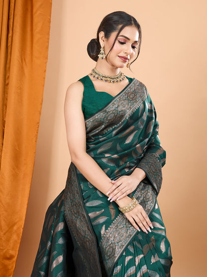 Vedant Vastram Soft Litchi Silk Banarasi Silk Jacquard Saree - Green