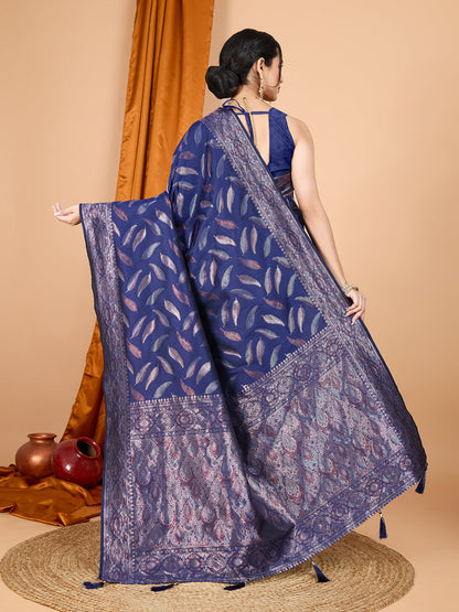Vedant Vastram Soft Litchi Silk Banarasi Silk Jacquard Saree - Navy Blue