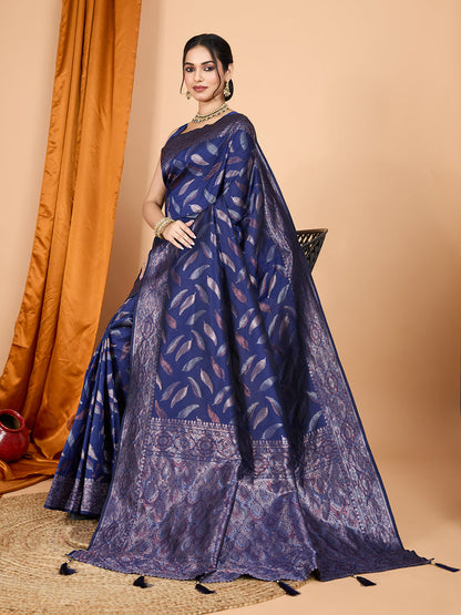 Vedant Vastram Soft Litchi Silk Banarasi Silk Jacquard Saree - Navy Blue